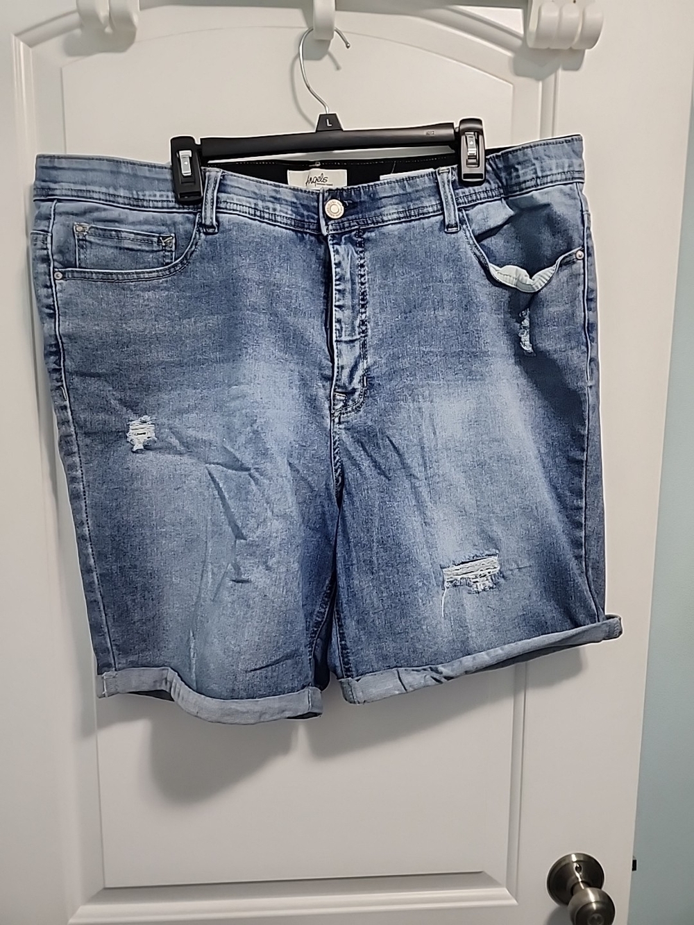 Angels Light Blue Distressed Roll-Cuff Denim Shorts
